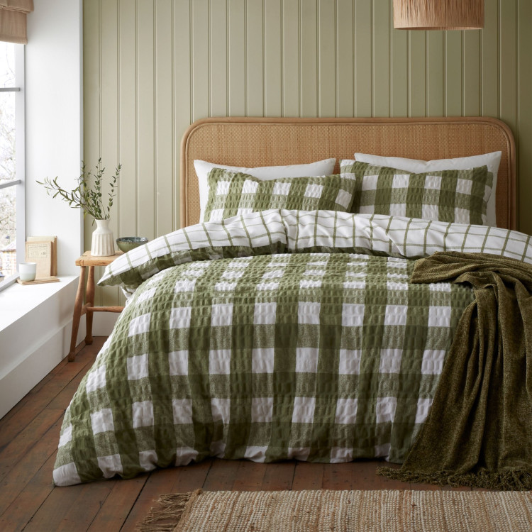 BRUSHED SEERSUCKER GINGHAM OLIVE DOUBLE