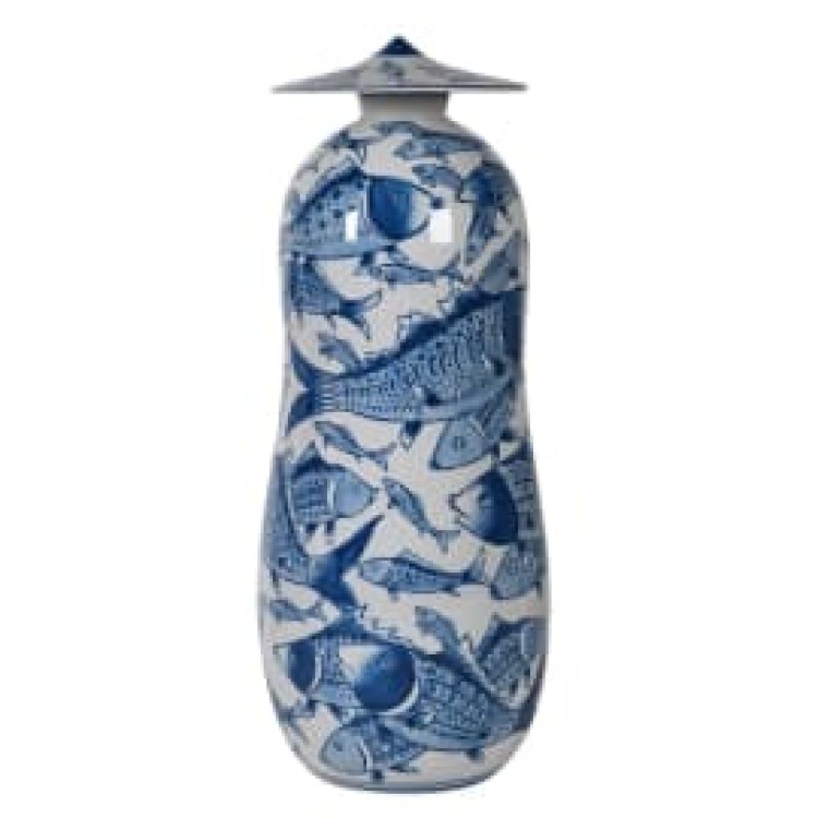 JNC401 Blue & White Koi Fish Lidded Jar